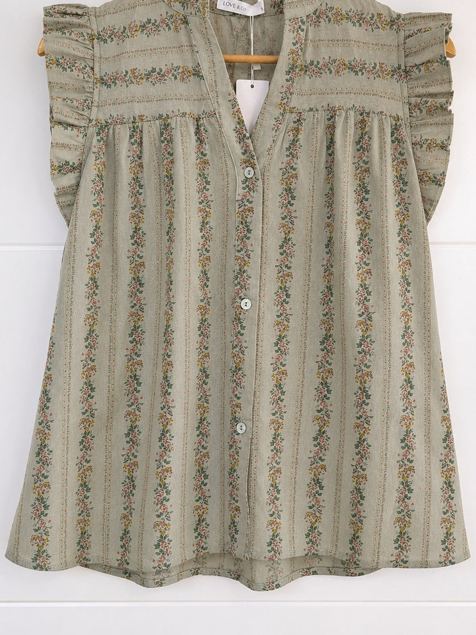 Blusa Floral con Volantes Verde