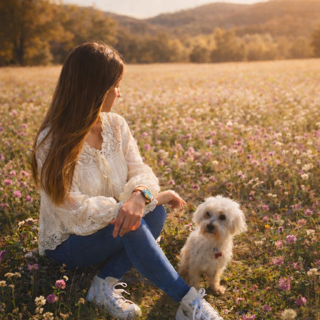 Mujer con blusa romántica en un campo de flores