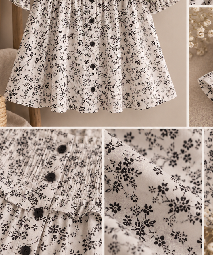 Blusa de algodón floral blanco y negro Detalles de blusa de algodón abullonada floral con escote fruncido, volantes, botones y mangas abullonadas