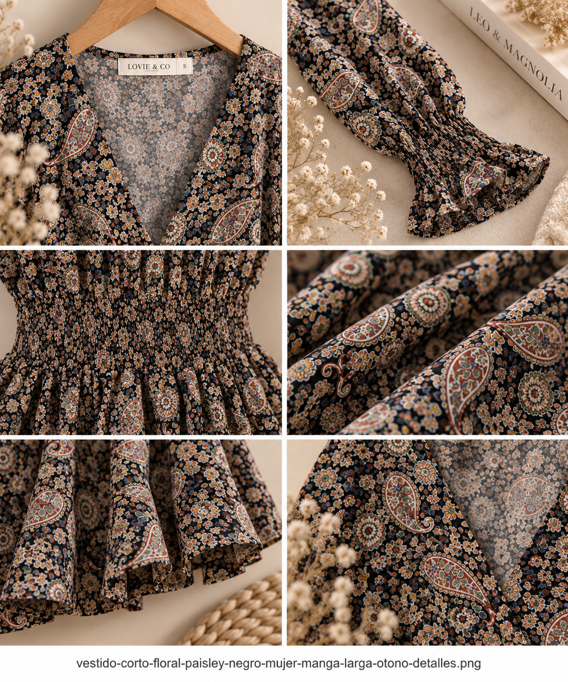 vestido paisley corto negro Detalles de vestido corto floral paisley negro con escote, manga fruncida, cintura elástica, tejido estampado y acabado de la falda.