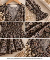 vestido paisley corto negro Detalles de vestido corto floral paisley negro con escote, manga fruncida, cintura elástica, tejido estampado y acabado de la falda.