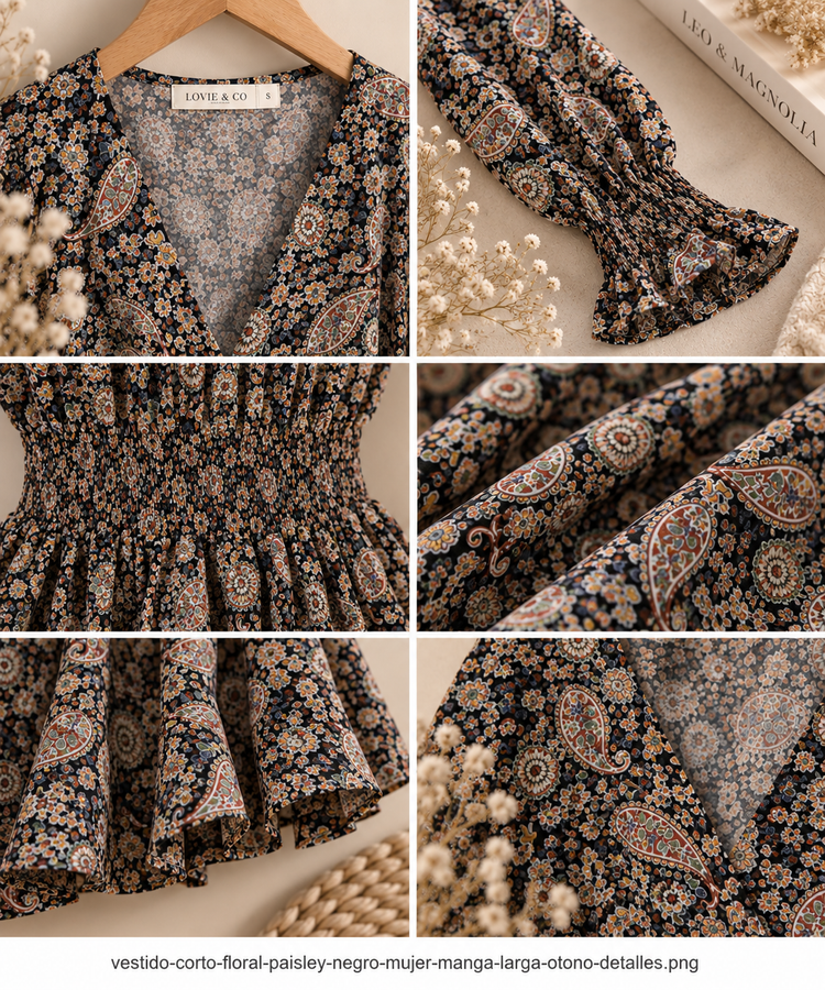 vestido paisley corto negro Detalles de vestido corto floral paisley negro con escote, manga fruncida, cintura elástica, tejido estampado y acabado de la falda.