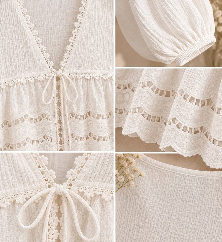 Blusa blanca con encaje Detalle de blusa blanca de gasa de algodón con encaje y acabado bordado 