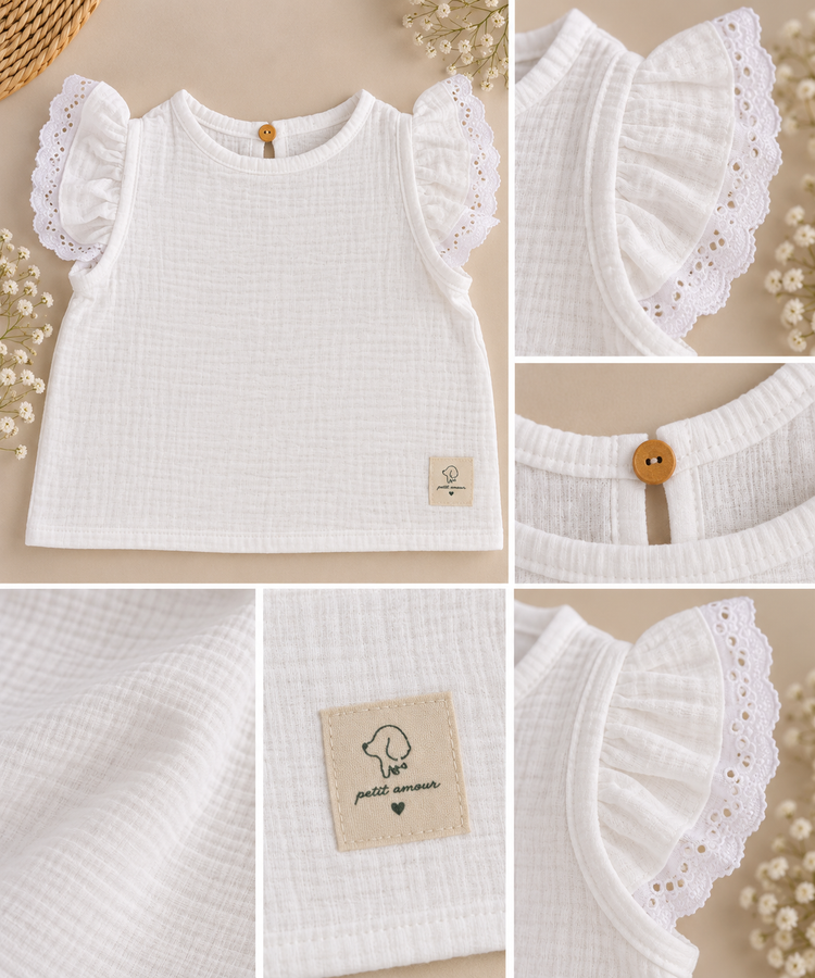 Detalles de blusa Magnolia para bebé niña de gasa de algodón hecha a mano, volantes, encaje y botón de madera | Leo & Magnolia Blusa Magnolia Petit Amour