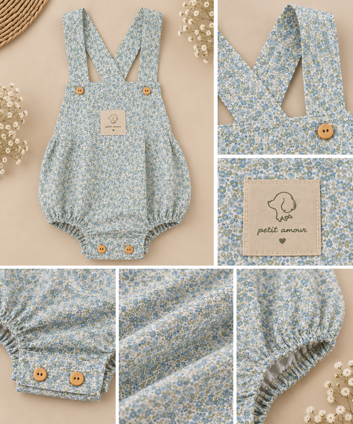 Detalles del peto Magnolia de bebé de algodón hecho a mano, estampado floral, tirantes y botones de madera | Leo & Magnolia Peto Magnolia Petit Amour