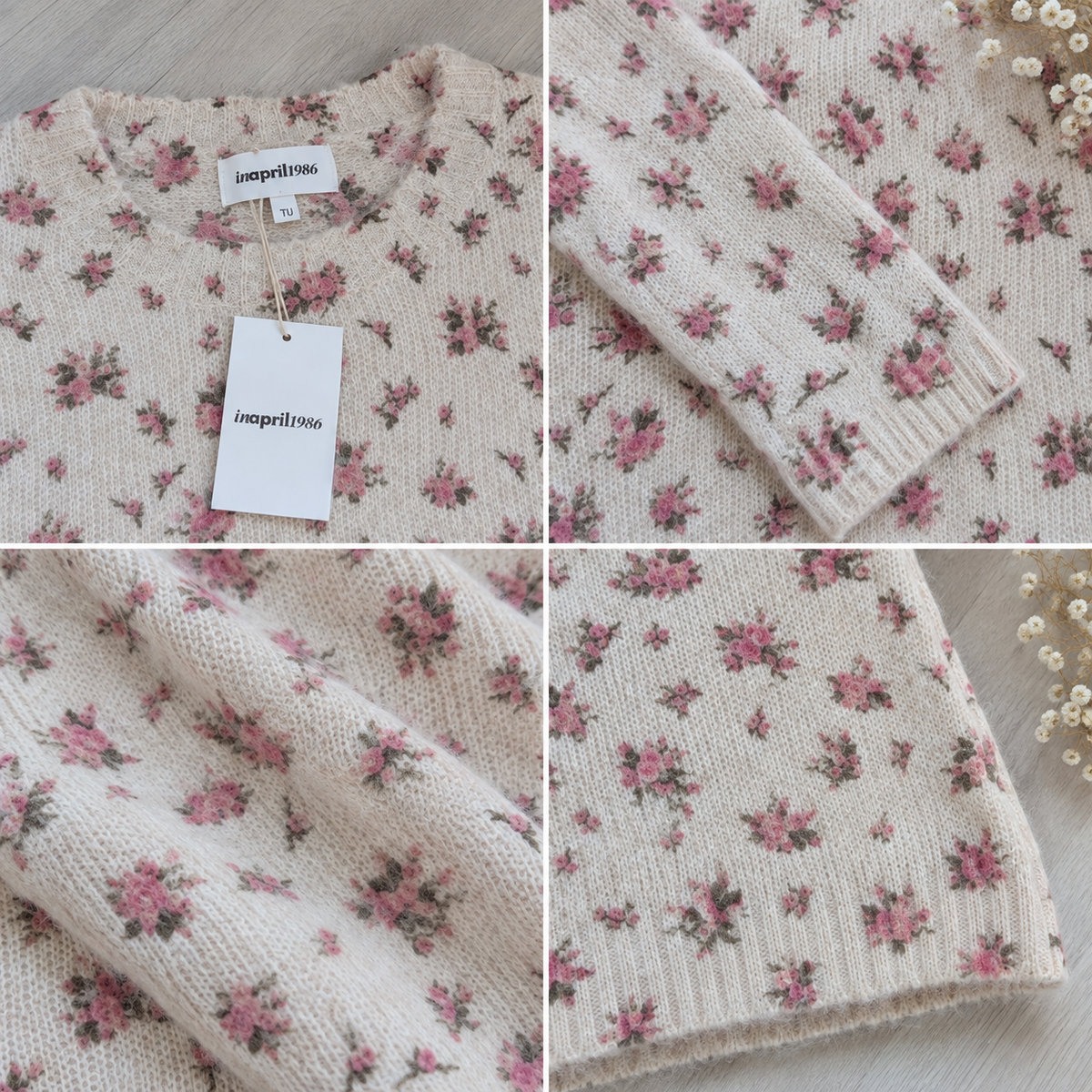 jersey crudo floral femeninoDetalle del tejido de jersey de punto marfil con pequeñas flores en tonos rosa y verde | Leo & Magnolia