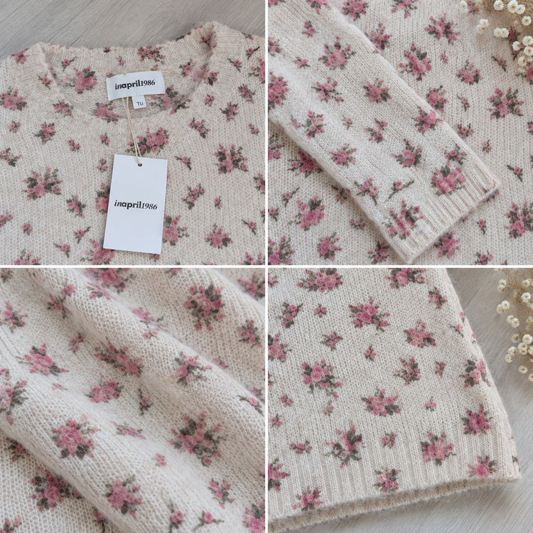 jersey crudo floral femeninoDetalle del tejido de jersey de punto marfil con pequeñas flores en tonos rosa y verde | Leo & Magnolia