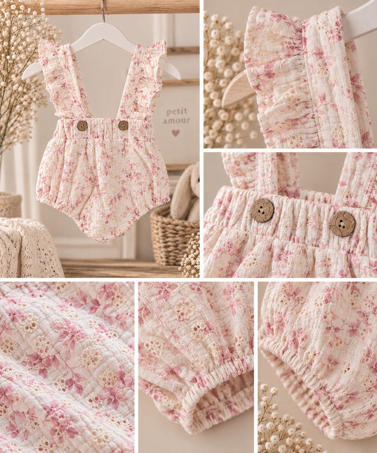 Ranita Alma Detalles de rana Alma de algodón con bordado inglés, estampado floral, volantes, botones de madera y acabados artesanales | Leo & Magnolia