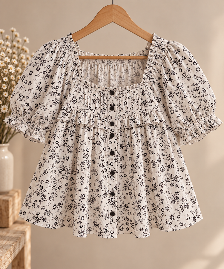 Blusa de algodón floral blanco y negro Blusa de algodón abullonada floral blanco y negro delantero 