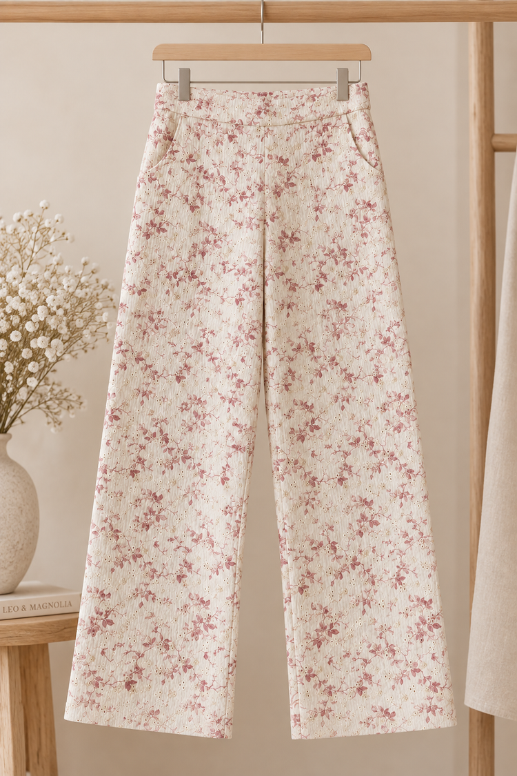 Pantalón Élise de mujer con estampado floral, algodón y bordado inglés, hecho artesanalmente | Leo & Magnolia