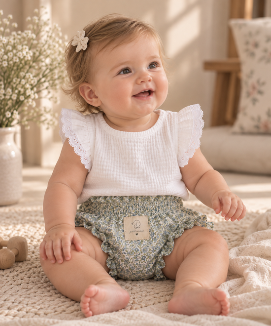 Bebé niña de 9 meses con conjunto Magnolia de algodón hecho a mano, blusa blanca con volantes y bloomer floral Conjunto Magnolia Petit Amour Blusa Magnolia Petit Amour