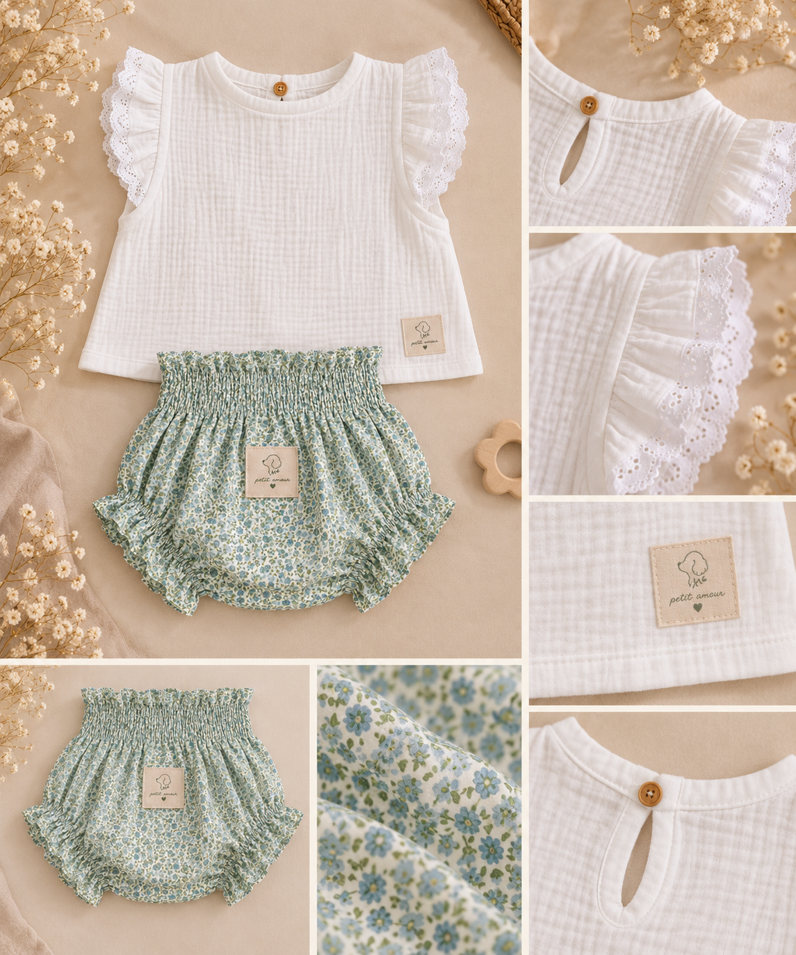 Detalles de blusa de bebé niña de gasa de algodón blanca con volantes, encaje y textura artesanal  Conjunto Magnolia Petit Amour
