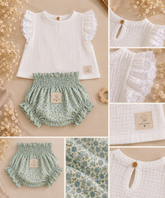 Detalles de blusa de bebé niña de gasa de algodón blanca con volantes, encaje y textura artesanal  Conjunto Magnolia Petit Amour