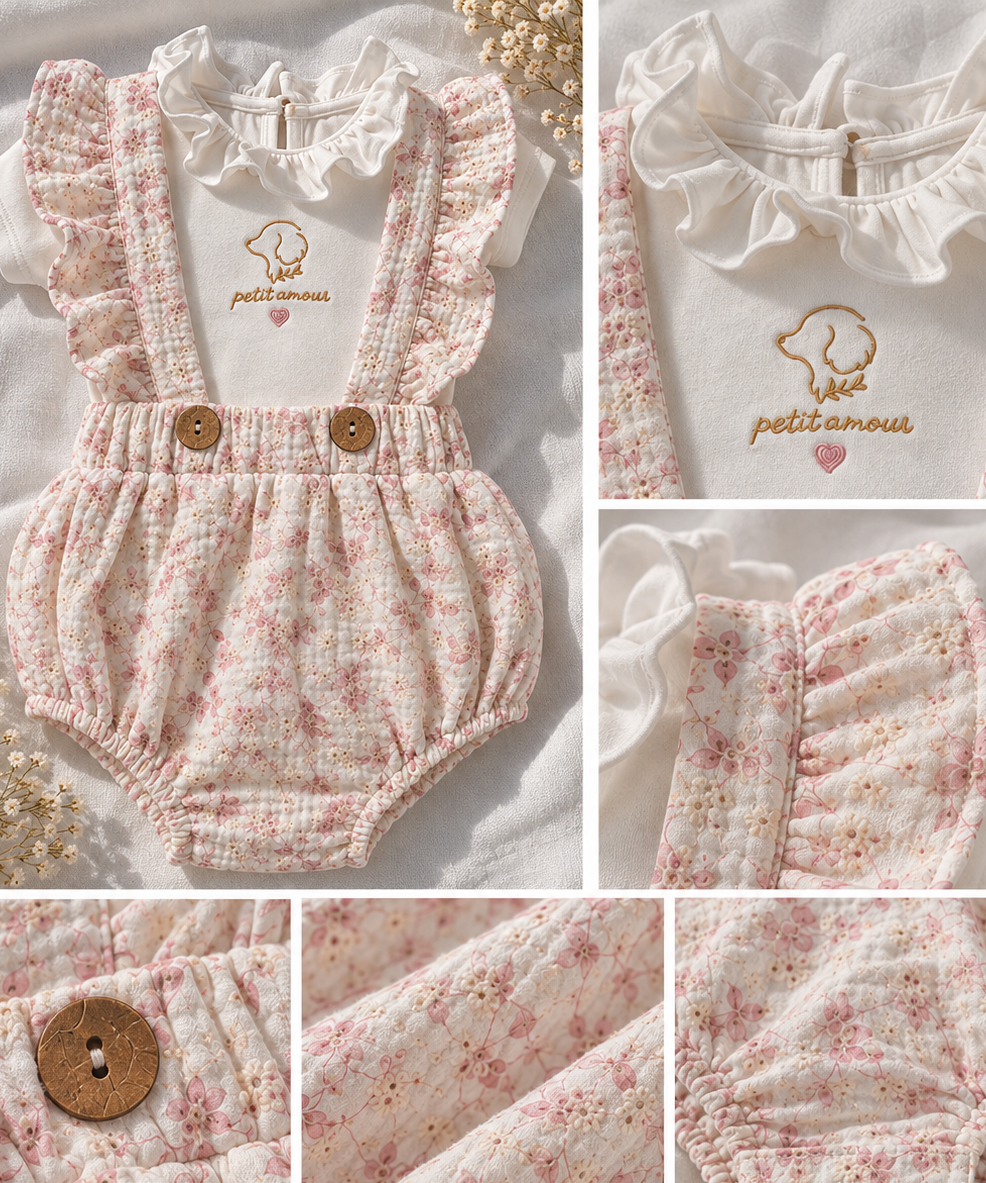 Detalles del conjunto Rosé para bebé de algodón con bordado inglés, ranita, body y acabados artesanales | Leo & Magnolia Conjunto Ranita Alma Body Camille Petit Amour