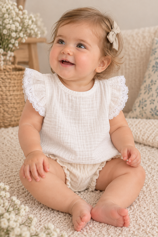 Blusa Magnolia para bebé niña de gasa de algodón hecha a mBlusa Magnolia Petit Amourano con mangas de volantes y encaje | Leo & Magnolia