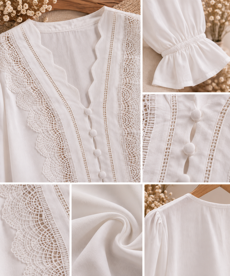 Blusa blanca con encaje Detalles de blusa blanca de manga tres cuartos con encaje, botones forrados y puños con volante