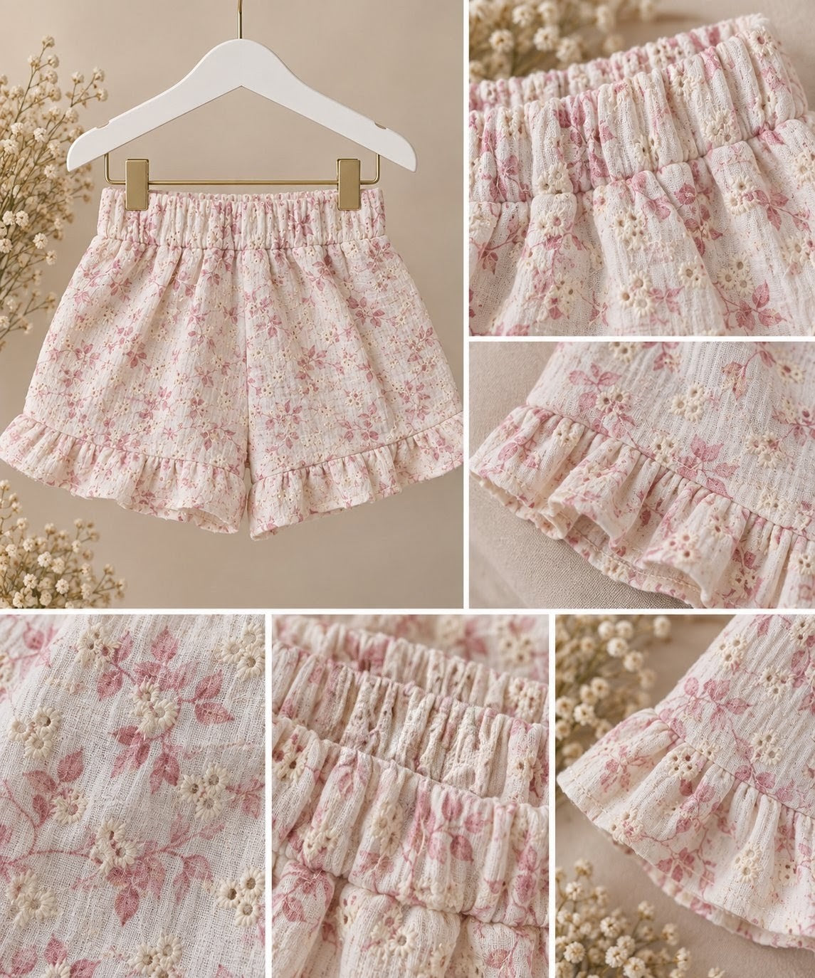 Detalles del short Gabrielle de algodón con bordado inglés, estampado floral y volantes | Leo & Magnolia