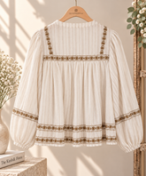 Blusa bordada de gasa de algodón marfil Blusa de gasa de algodón marfil con bordado floral en la espalda | Leo & Magnolia