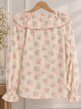 blusa floral delicada Blusa de mujer de algodón floral rosa empolvado y crema con volantes en la espalda y manga larga