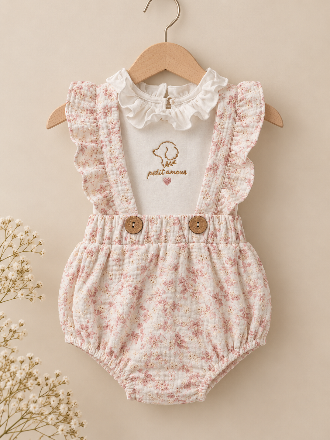 Conjunto Rosé para bebé con ranita y body de algodón con bordado inglés, hecho a mano artesanalmente | Leo & Magnolia Conjunto Ranita Alma Body Camille Petit Amour