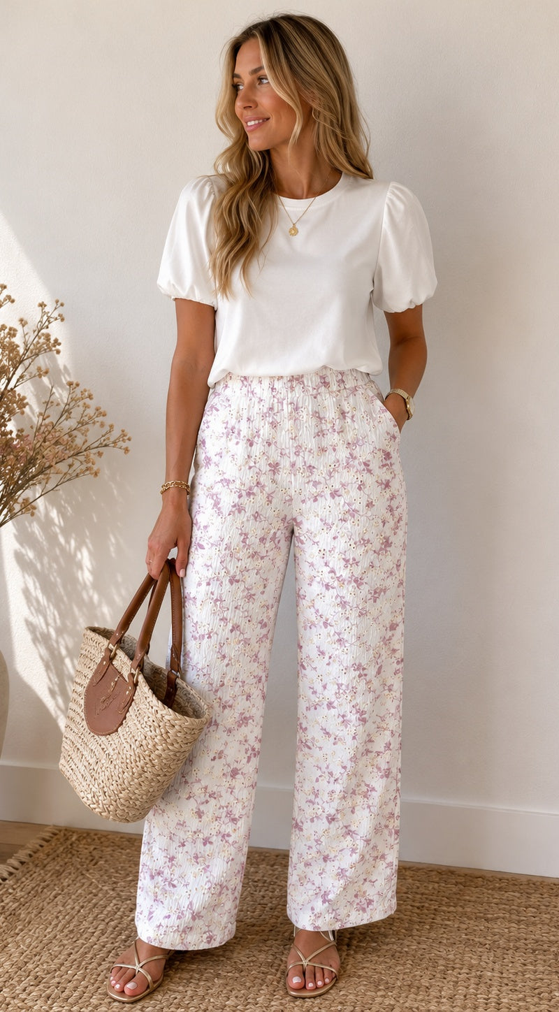 Mujer con el pantalón Élise floral combinado con una camiseta blanca de manga abullonada