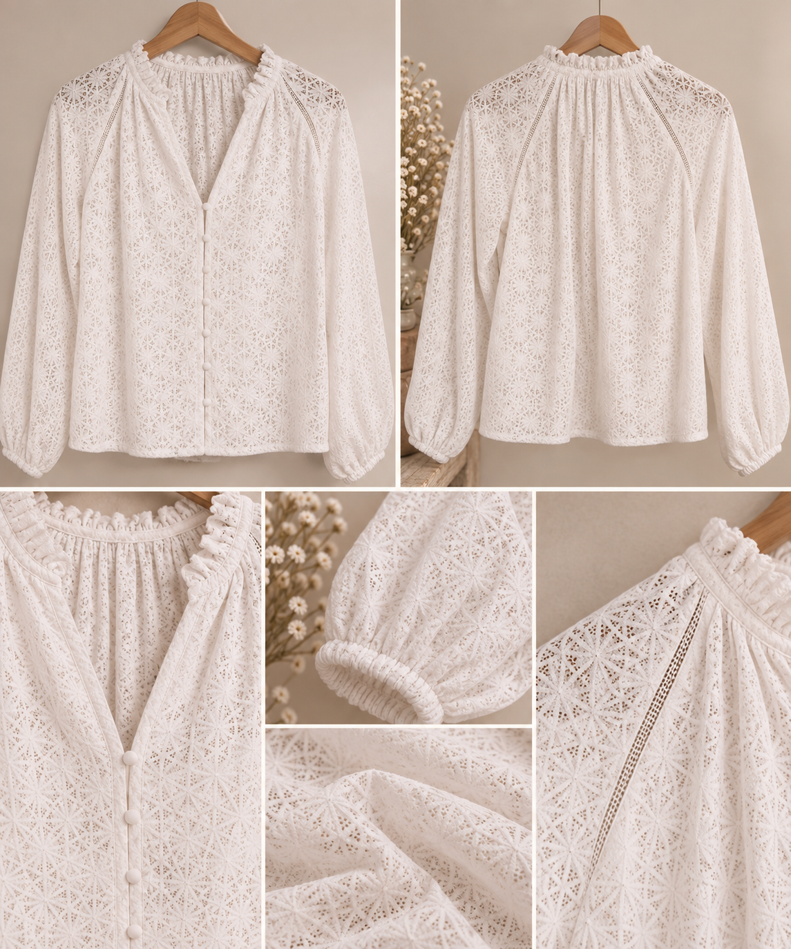 Detalles de blusa blanca de encaje con cuello fruncido, botones forrados, manga abullonada y tejido calado