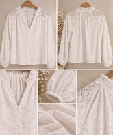 Detalles de blusa blanca de encaje con cuello fruncido, botones forrados, manga abullonada y tejido calado