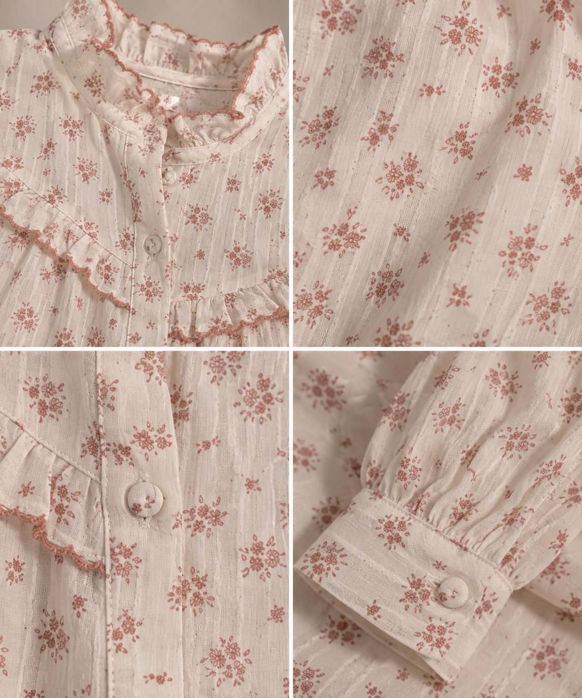 blusa floral de algodón Soreya Detalles de blusa de algodón marfil con flores rosa empolvado, cuello fruncido, volantes, botones y puños.