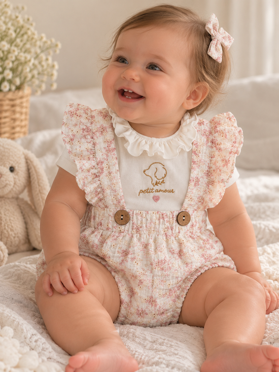 Bebé con conjunto Rosé de ranita y body de algodón con bordado inglés hecho a mano | Leo & Magnolia Conjunto Ranita Alma Body Camille Petit Amour