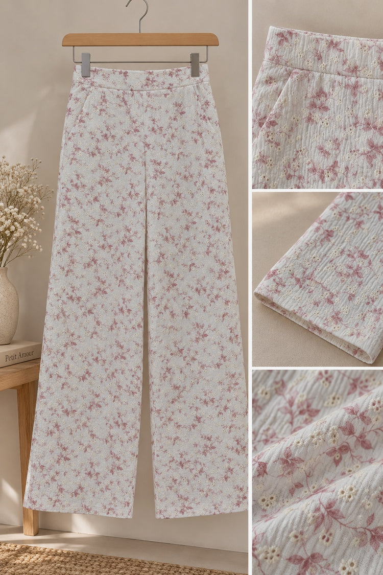 Detalles del pantalón Élise de algodón con bordado inglés, estampado floral y acabado artesanal | Leo & Magnolia