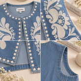chaqueta de denim bordadoDetalles del chaleco vaquero azul claro con bordado floral y acabados en crudo