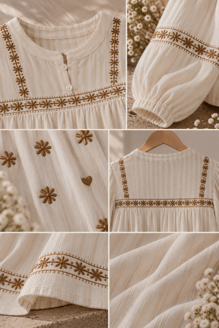 Detalles de blusa bordada de gasa de algodón marfil con flores 